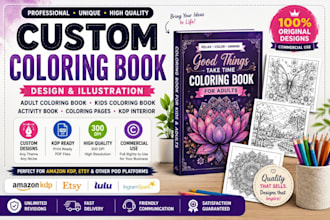 design kids and adult coloring book pages, amazon KDP storybook illustration