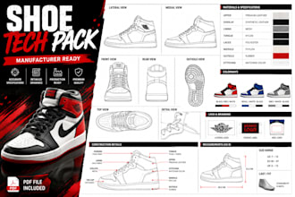 design shoe tech pack footwear, sneaker with technical drawing for manufacturing
