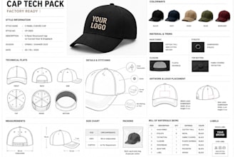 create cap tech pack, hat tech pack, technical flat sketch for cap manufacturing