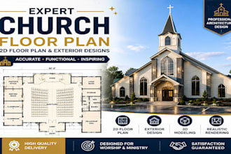 do an expert church floor plan, 2d floor plan with exterior designs