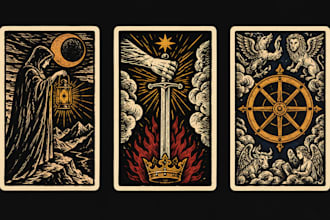 illustrate spiritual oracle deck, linocut, woodcut tarot card, card deck design