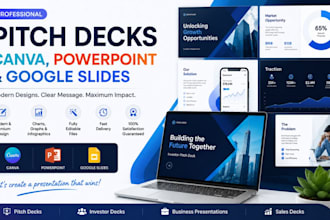 design professional pitch decks, slide deck,canva, powerpoint and google slides