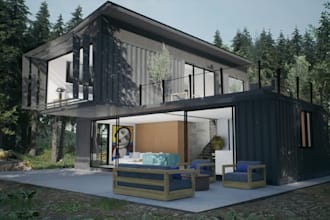 design container house, tiny house, garden room and realistic visualization