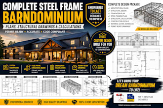 design complete steel frame barndominium plans, structural drawing, calculation