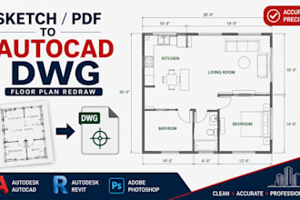 redraw floor plans from PDF sketch to autocad dwg, architectural cad drafting