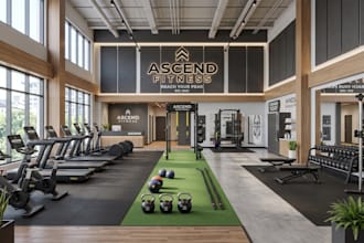 do 3d gym interior design, commercial gym render, 3d fitness center, floor plan