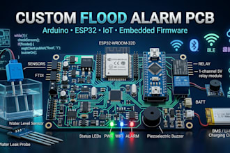 design custom flood alarm pcb, arduino esp32, iot and embedded firmware