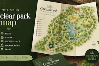 design a clear park map for parks, gardens, outdoor space, walking paths, trails