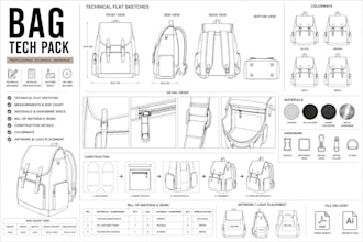 create factory ready bag tech pack, handbag tech pack and technical flat sketch