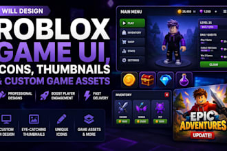 design roblox game UI, icons, thumbnails and custom game assets
