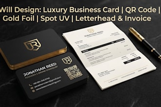 design luxury business card with qr code, gold foil, spot uv letterhead invoice