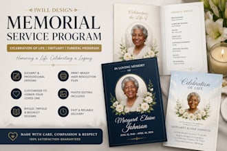 design a modern memorial service program, celebration of life flyer and obituary