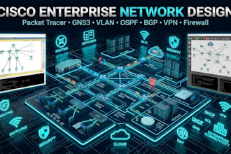 design cisco enterprise network, packet tracer, gns3, vlan, ospf, bgp and VPN
