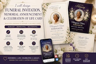 design a funeral invitation, memorial announcement and celebration of life card