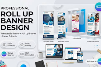 design canva roll up banner, retractable banner, pull up banner editable