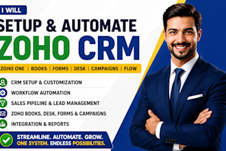 setup zoho crm, zoho one, zoho books, zoho forms, zoho desk and automate