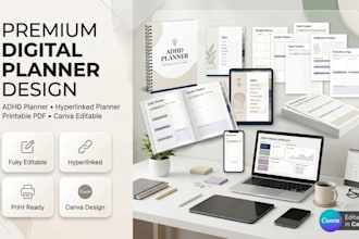 design canva adhd planner, hyperlinked digital planner and printable PDF