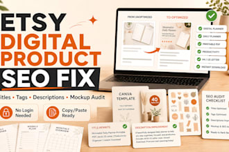 rewrite your etsy digital product listing SEO title tags and description