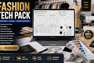 do fashion tech pack, clothing tech pack, flat sketch, technical sketch designer