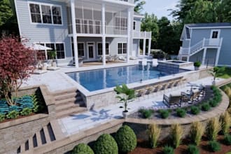 design a stunning 3d landscape, backyard, garden, pool, and patio and terrace