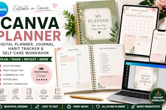 design canva digital planner journal habit tracker  self care workbook