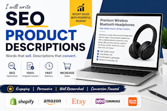 write SEO product descriptions for shopify, amazon, etsy, temu, woocomme