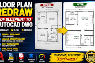 redraw floor plans from PDF blueprint, autocad dwg architectural drafting