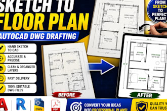convert hand sketch to floor plan, autocad dwg architectural drafting