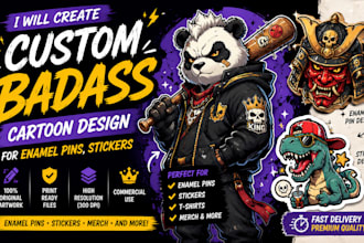 create custom badass cartoon design for enamel pins, sticker