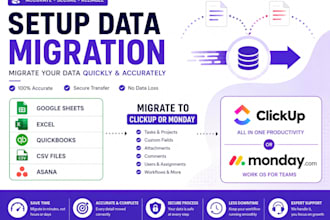 setup googlesheet excel quickbooks CSV asana to clickup monday data migration