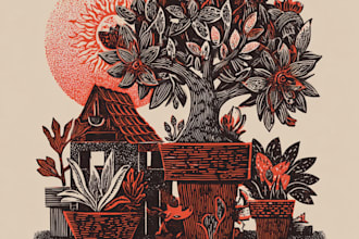 create a unique vintage linocut character illustration