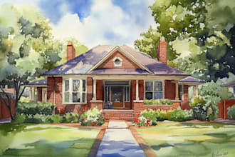 create house and building photo into watercolor art
