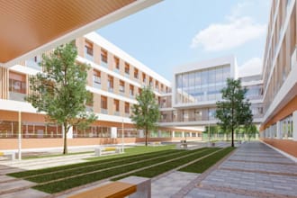 render 3d school external design,campus courtyard,teaching buildings with facade