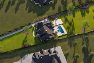detailed sketchup building exterior, proposed site plan layout render, landscape