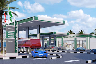 render 3d gas station concept,2d drawing to 3d,carwash,auto service,pump visuals