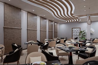 recreate restaurant interior design, realism render for cafe layout,retail store