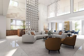 cad plan to 3d villa interior design,open plan layout,living space,dining render