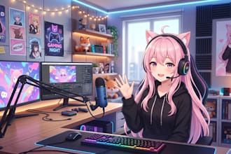 design live2d anime background, vtuber package, stream overlay with full asset