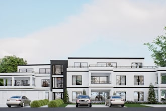 reutilization 3d apartment complex housing, front parking bays,monochrome facade