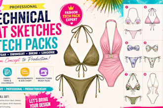 make flat sketch, tech packs for swimwear, bikini, lingerie