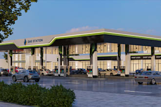 3d gas station exterior rendering,cgi visuals for construction,site layout plan
