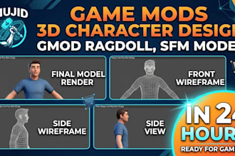 create a game mods 3d character design, gmod ragdoll, sfm model in 24 hours