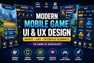 design modern mobile game UI and UX, game menus hud, interface elements, 2d game