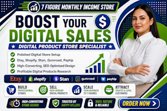 setup 7figure shopify digital product store, etsy shop, stan store digital store