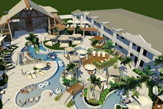 design swimming pools 2d 3d plan, amusement kids play park and water park resort