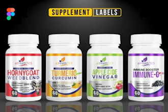design supplement labels, vitamin bottle, jar, box and pouch packaging in figma