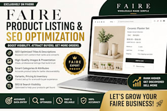 list products on faire and do SEO optimize for product title and description