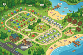 design 3d isometric map, campground map, rv park map, event map