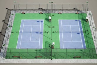 layout 3d outdoor glass wall tennis court,wire fencing design, playground render