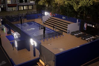 3d cgi outdoor basketball court,sport park render,landscape design,bleacher area